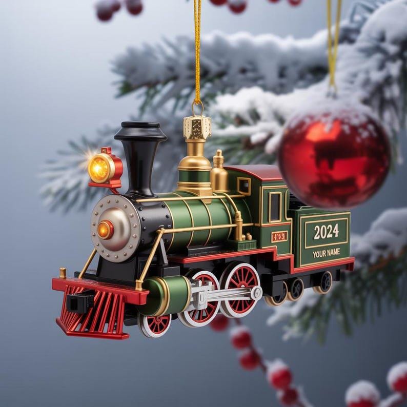 Personalized Name Railroader Train Christmas Ornament, Christmas Tree Hanging Decor, Train Lover 2D Flat Ornament, Steam Train Christmas Decor
