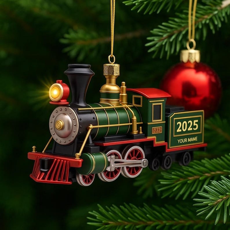 Personalized Name Railroader Train Christmas Ornament, Christmas Tree Hanging Decor, Train Lover 2D Flat Ornament, Steam Train Christmas Decor