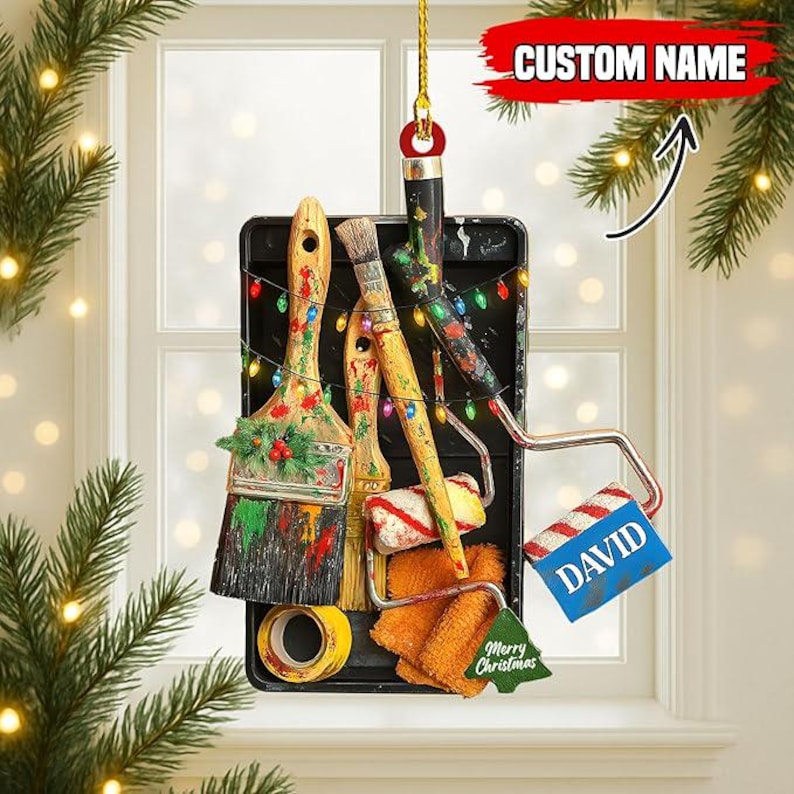 Custom House Painter Ornament, Personalized Paint Tray and Roller Christmas Ornaments, Gift for Painters, Custom Painting Tools Ornament