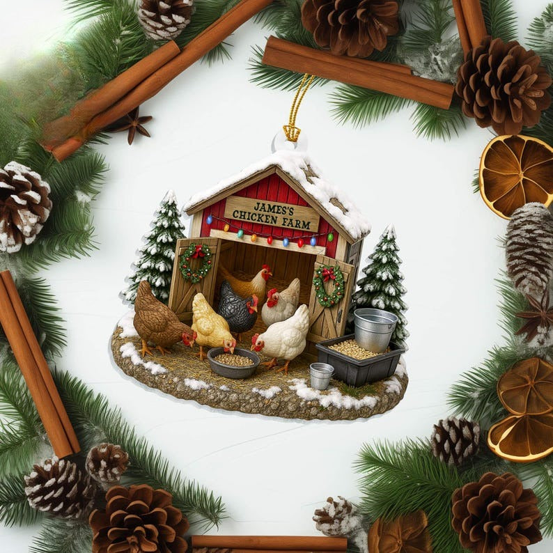 Chicken Farm Ornament, Chicken Ornament 2D Flat, Farmhouse Christmas Ornament, Farm Decor,Gift For Farmer,Chicken Lover,Custom Barn Ornament