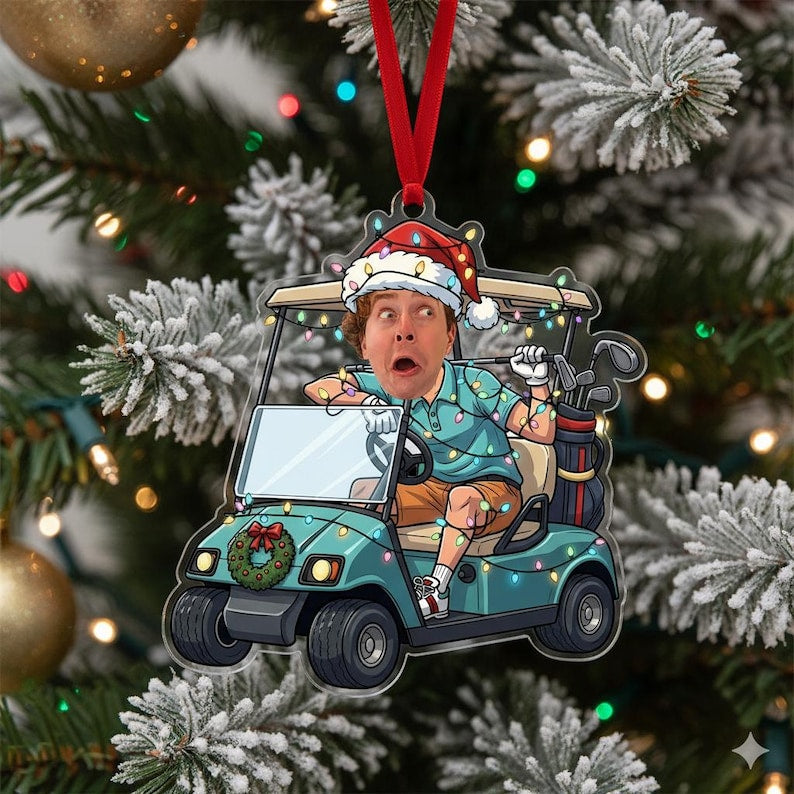 Personalized Golf Photo Acrylic Ornament, Kid Golfer Face on Cart, Custom Name on Santa Hat, Funny Holiday Golf Tree Decoration Gift