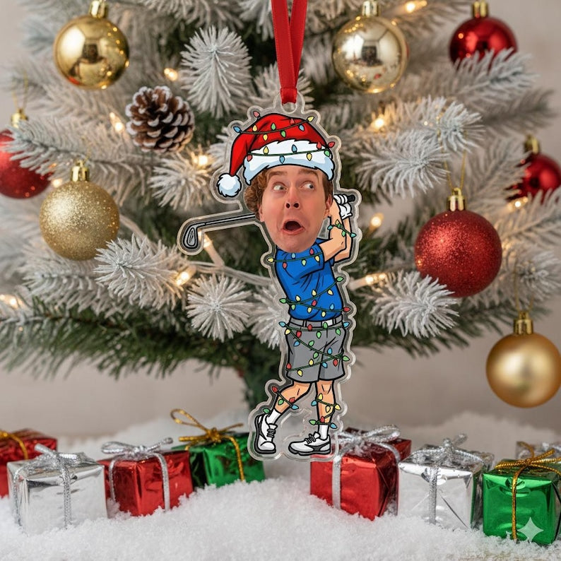 Personalized Golf Photo Acrylic Ornament, Kid Golfer Face on Cart, Custom Name on Santa Hat, Funny Holiday Golf Tree Decoration Gift