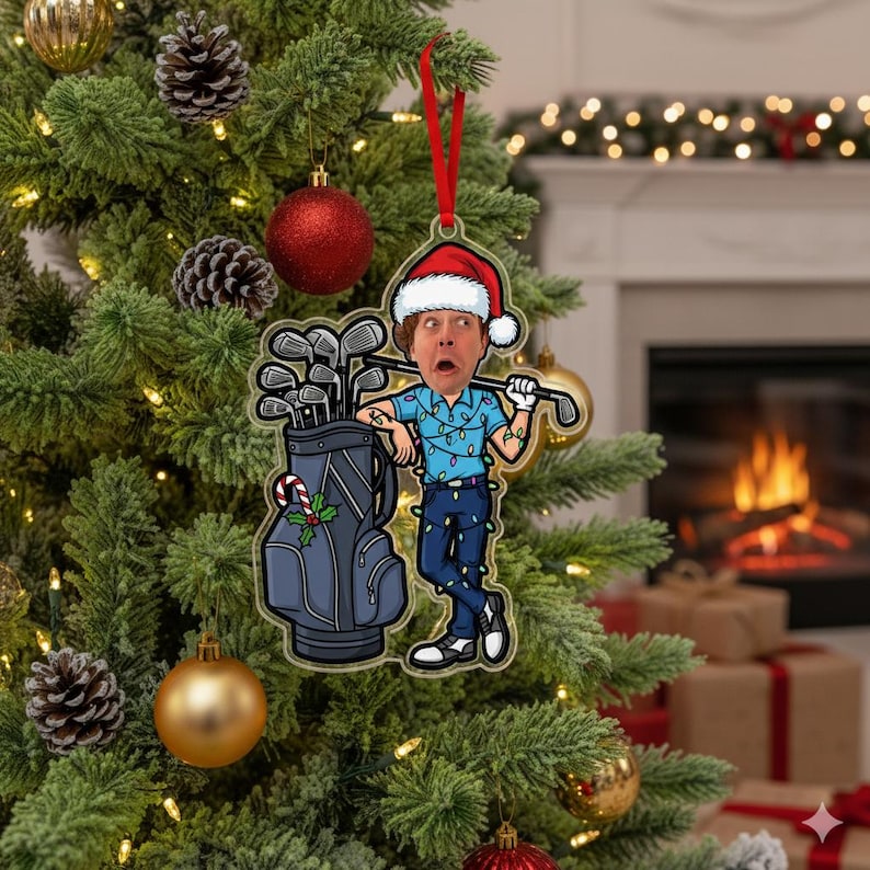 Personalized Golf Photo Acrylic Ornament, Kid Golfer Face on Cart, Custom Name on Santa Hat, Funny Holiday Golf Tree Decoration Gift
