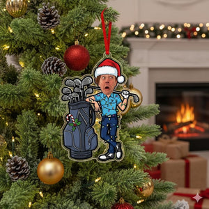 Personalized Golf Photo Acrylic Ornament, Kid Golfer Face on Cart, Custom Name on Santa Hat, Funny Holiday Golf Tree Decoration Gift