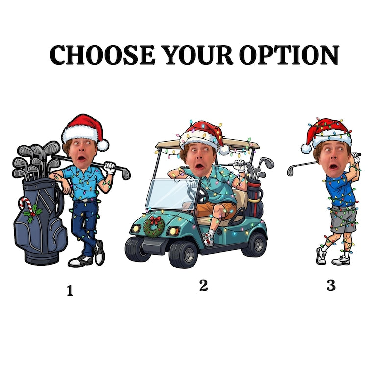 Personalized Golf Photo Acrylic Ornament, Kid Golfer Face on Cart, Custom Name on Santa Hat, Funny Holiday Golf Tree Decoration Gift