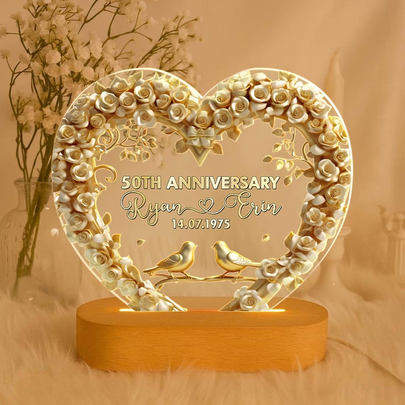 Personalized Flat 2D LED 50th Wedding Anniversary Gift Night Light, 50 Gold Wedding Gifts For Parents, Golden Anniversary Gift, Husband Gift