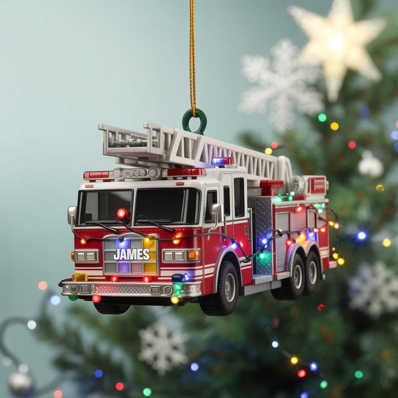 Personalized Fire Truck Ornament Custom Name Acrylic Christmas Tree Gift Holiday Decor for Firefighters, Kids, First Responders, Heroes