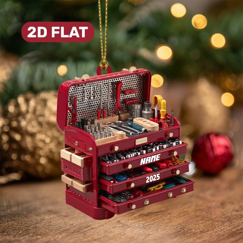 Personalized Toolbox Ornament with Name and 2025, Custom Acrylic Christmas Tree Decoration, Gift for Handyman, Mechanic, or Tool Lover