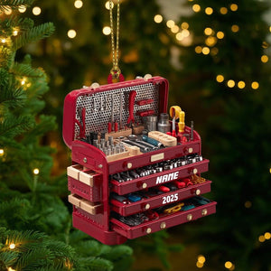 Personalized Toolbox Ornament with Name and 2025, Custom Acrylic Christmas Tree Decoration, Gift for Handyman, Mechanic, or Tool Lover