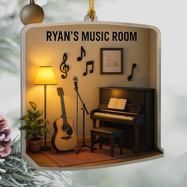 Personalized Music Studio Ornament: Custom Guitar & Piano Miniature, Suncatcher Gift