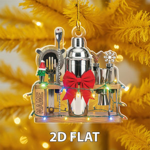 Personalized Bartender 2D FLAT Christmas Ornament, Bar Tool Set with Shaker Decoration, Lights, Custom Name Cocktail Lover Holiday Gift