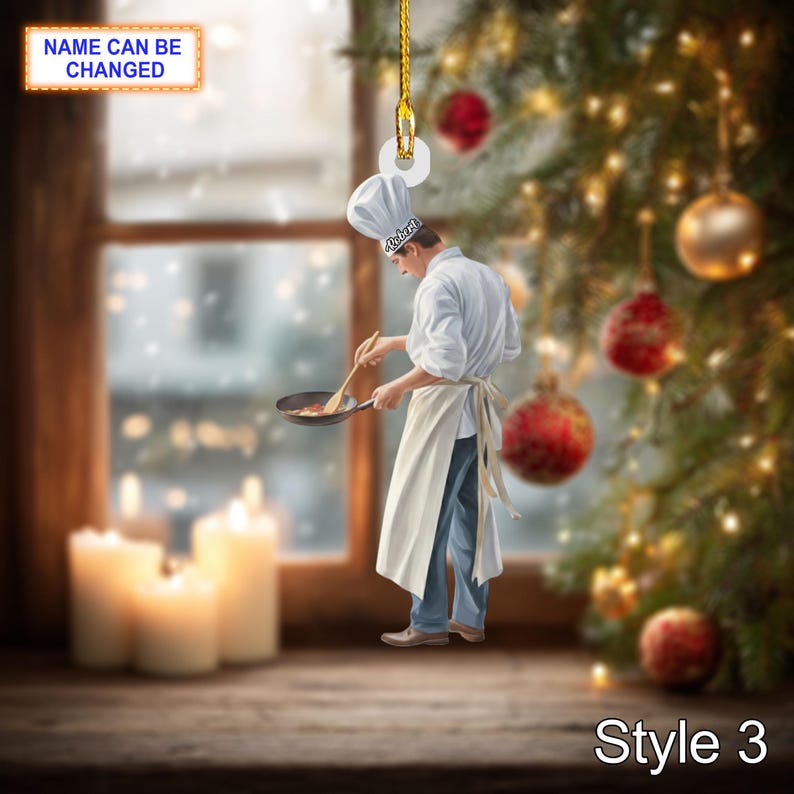 Custom Name Chef Christmas Ornament, Holiday Tree Hanging Decor, 2D Flat Acrylic Wooden Ornament, Unique Chef Gift, Festive Kitchen Decor