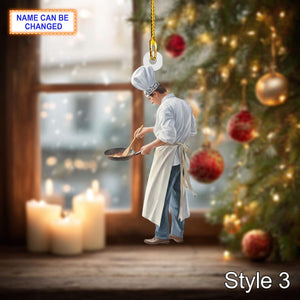 Custom Name Chef Christmas Ornament, Holiday Tree Hanging Decor, 2D Flat Acrylic Wooden Ornament, Unique Chef Gift, Festive Kitchen Decor