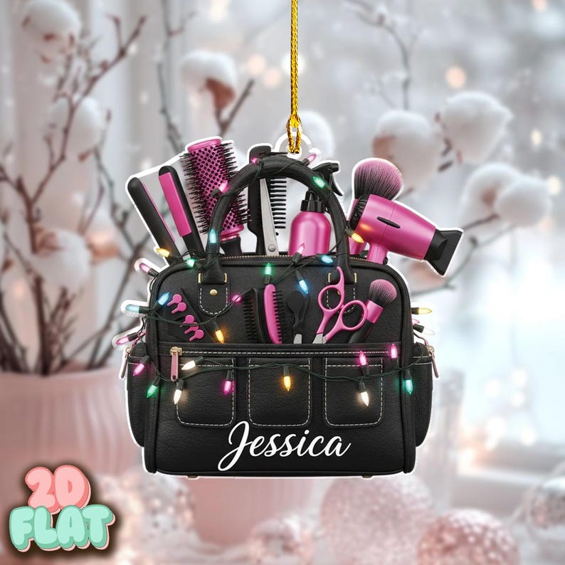 Personalized Hairstylist 2D FLAT Christmas Ornament, Custom Cosmetology Bag Holiday Decor, Salon Gift for Hairdresser, Barber Xmas Tree