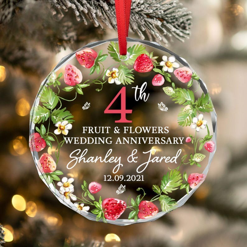 4th Wedding Anniversary Gift, Fruit and Flowers Anniversary Glass Ornament, Wedding Anniversary Keepsake, Anniversary Gift for Husband Wife