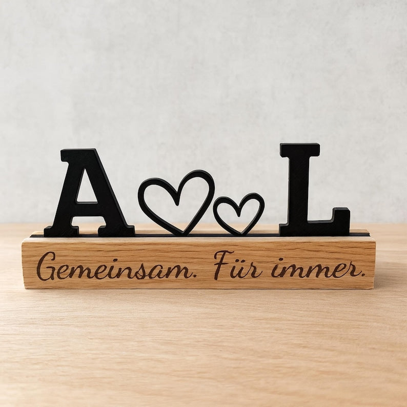 Personalized gift for partner with initials & heart | Wooden stand oak | Anniversary girlfriend boyfriend | Love relationship gift