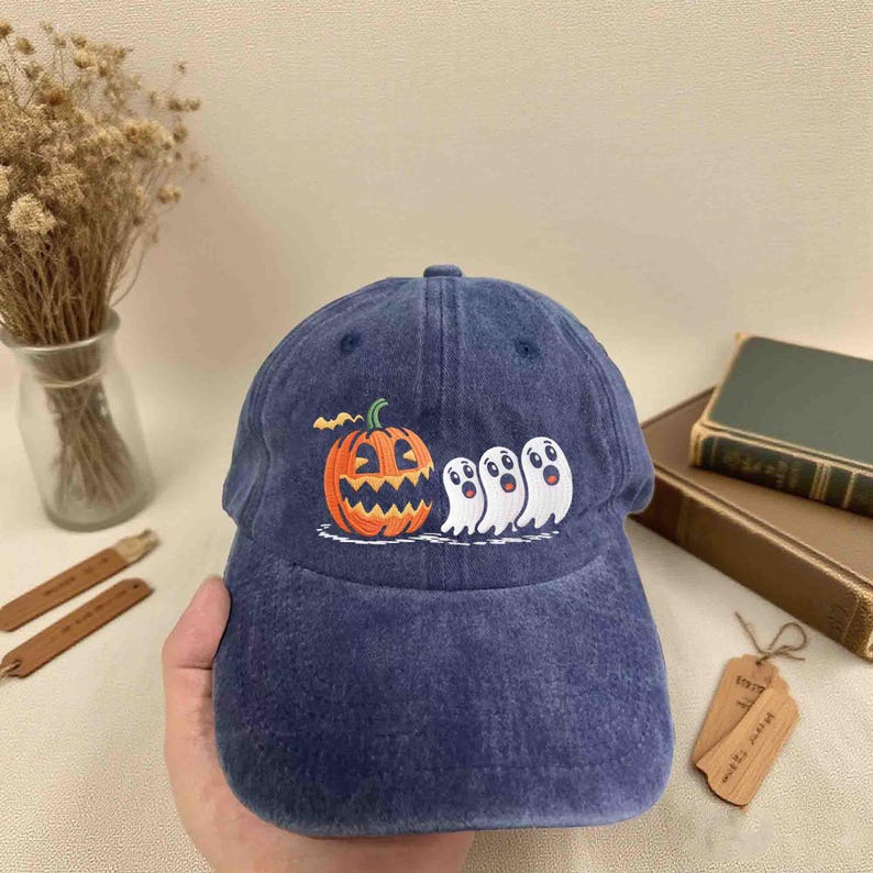 Halloween Embroidered Hat, Ghost Pumpkin Bat Baseball Cap, Funny Ghost Pumpkin Cap, Spooky Fall Retro Hat