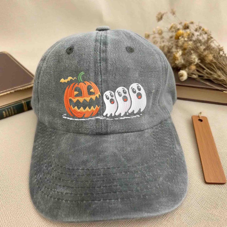 Halloween Embroidered Hat, Ghost Pumpkin Bat Baseball Cap, Funny Ghost Pumpkin Cap, Spooky Fall Retro Hat