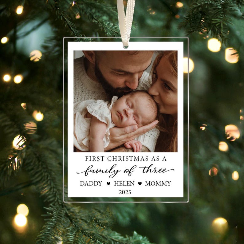 Custom Family Photo Christmas Ornament, First Family Of Three Ornament, Family Christmas Gifts, New Baby Xmas Ornament, Custom Newborn Gift