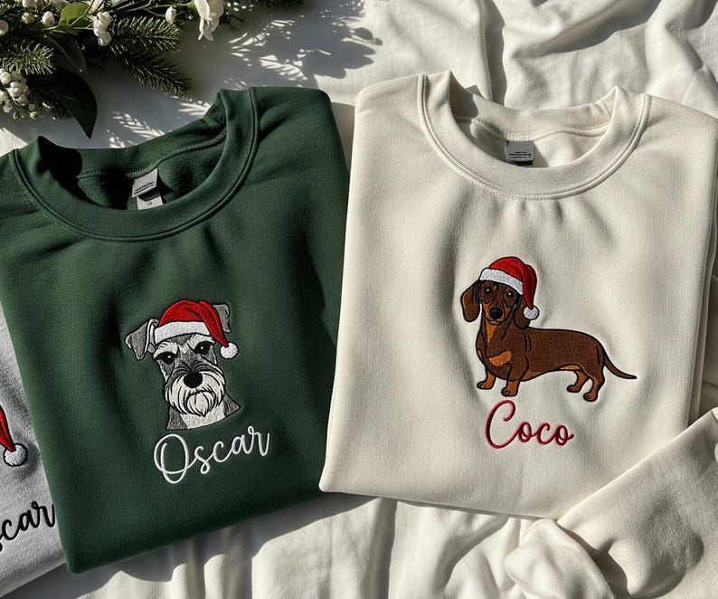 Custom Dog Christmas Sweatshirt, Embroidered Pet Name Gift, Santa Hat Dog Lover Holiday Shirt