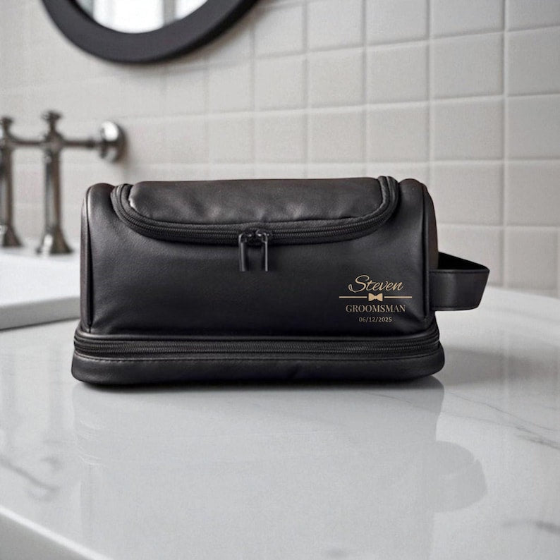 Personalized Leather Hanging Toiletry Bag for Men, Monogrammed Travel Organizer for Grooming Essentials, Valentine's Day Gift