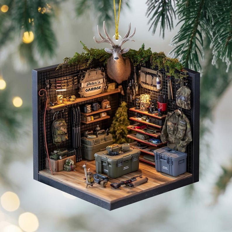 Personalized Hunting Garage Christmas Ornament, Custom Hunting Garage Ornament, Gift for Hunting Lover, Hunter Xmas Decor, Gift For Dad