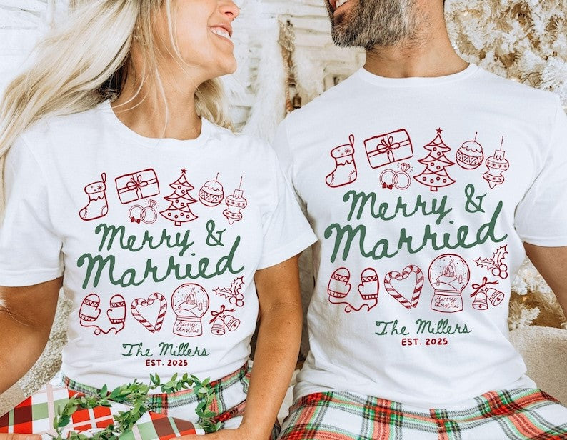 Custom Couples Christmas Shirts, Merry and Married, First Christmas as Mr and Mrs, Custom Gift for Newlyweds