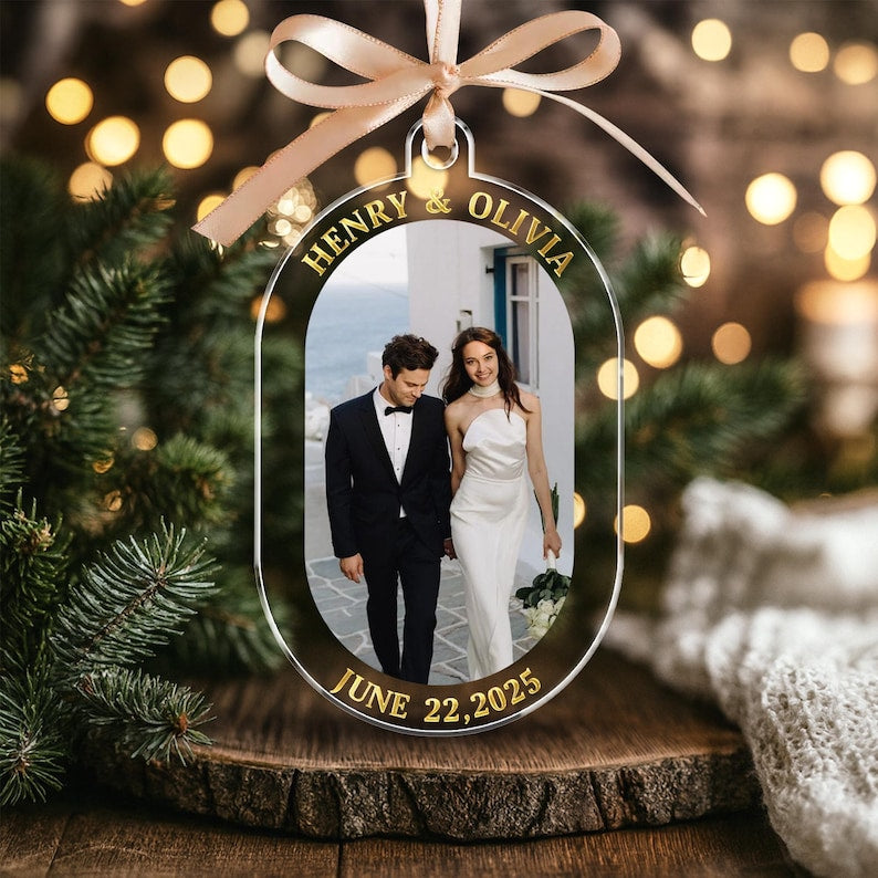 Personalized Couple Photo Ornament: Acrylic Wedding Keepsake, First Christmas Married Ornament