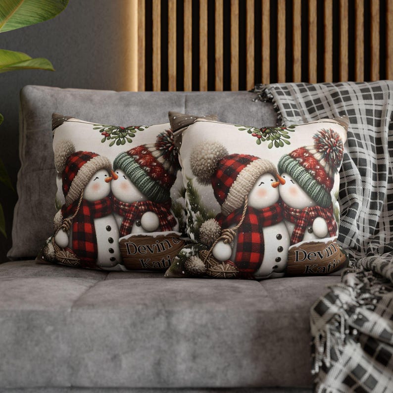 Personalized Kissing Snowman Couple Double Sided Pillow or Pillow Cover - Christmas Decor- Engagement Gift - Newlywed Gift