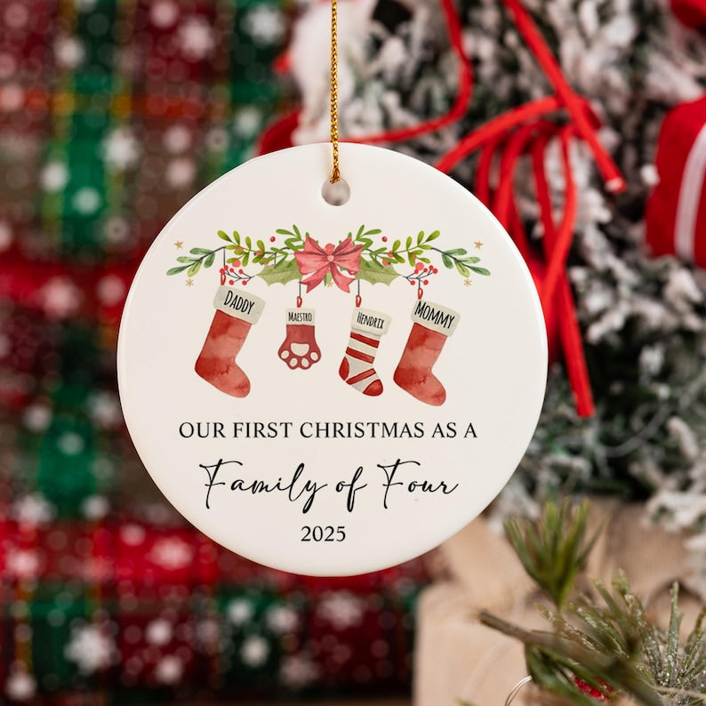 Our First Christmas As A Four, Baby First Christmas Tree Ornament with Pet, First Christmas as a Family of 4, Ceramic Bauble Keepsake Gift