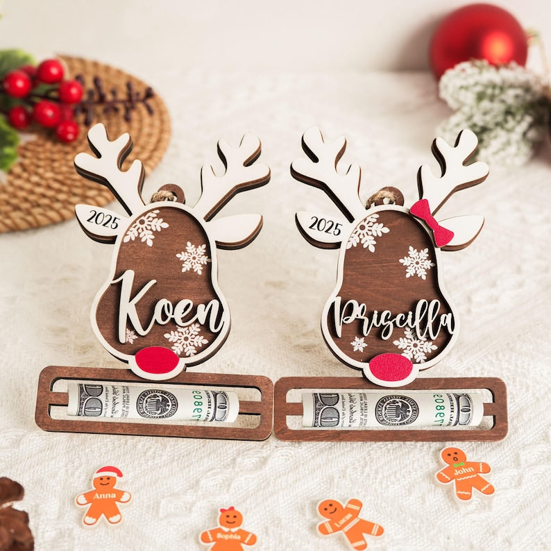 Personalized Money Holder Custom, Santa Money Holder, Reindeer Ornament, Xmas Money Holder, Cash Gift Holder, Bucks For Xmas