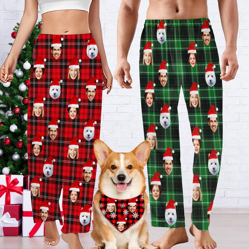 Custom Pajamas Pants Family: Customized Pajama with Face and Dog, Personalized PJs, Christmas Trousers