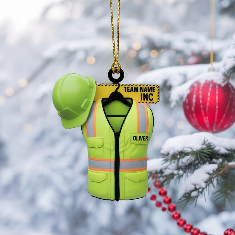 Personalized Construction Safety Vest Ornament Custom Name & Team Gift for Worker, Builder, Crew Reflective Christmas Tree Decor 2025
