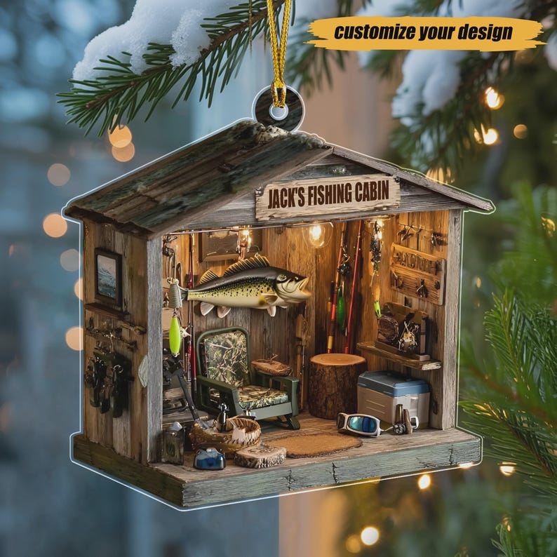 Personalized Fishing Cabin Ornament Custom Name Rustic Fisherman s Keepsake Gift for Anglers & Outdoorsmen Christmas Decor