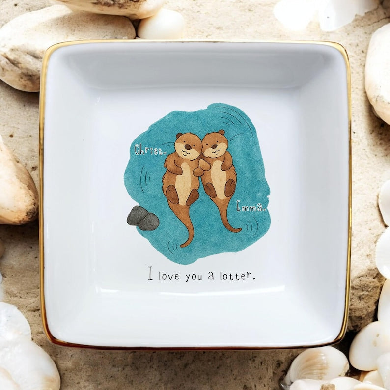 Personalized Ceramic Otter Ring Dish/Custom Jewelry Holder/Couple Gift for Animal Lover