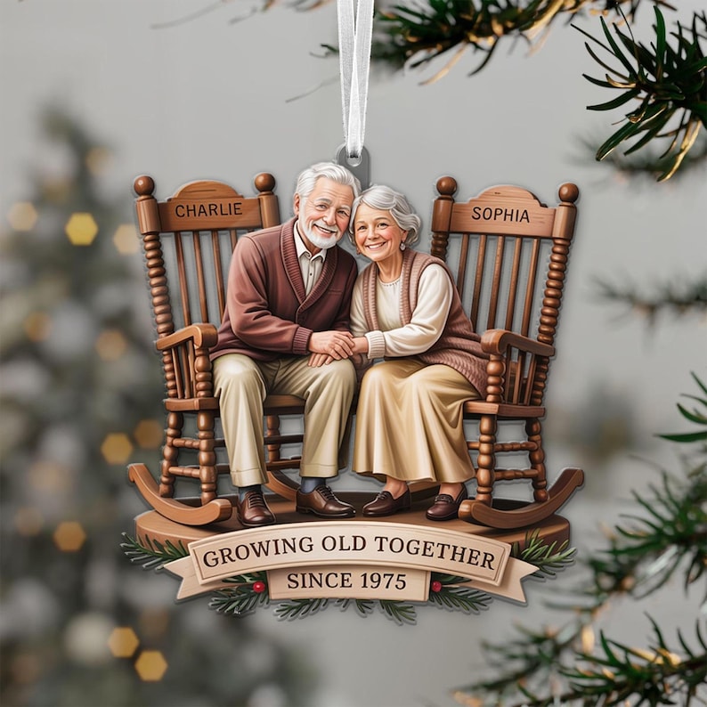 Growing Old Together Couple Ornament, 2D Flat Rocking Chairs Acrylic Keepsake, Sitting Together Vintage Christmas Gift, Grandma Grandpa Gift