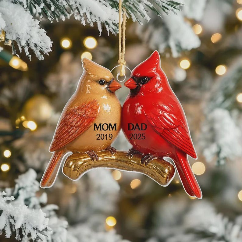 Vintage Nostalgic Cardinals Memorial Dad Mom Christmas 2D Flat Ornament, Personalized Flat Acrylic Ornament, Cardinals Ornament