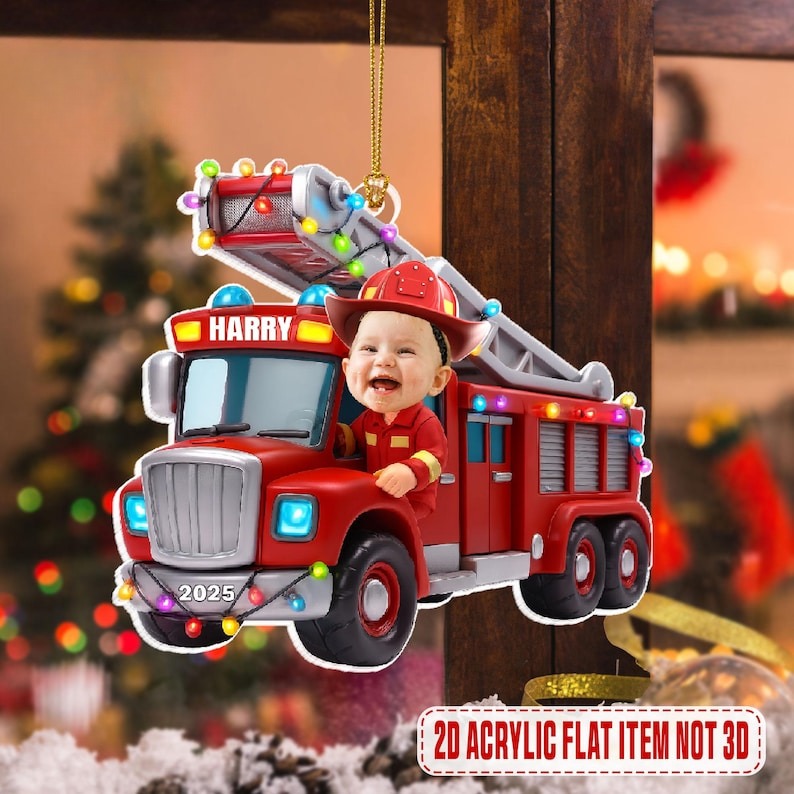 Personalized Firetruck Christmas 2025 Acrylic Ornament, Custom Kid Photo And Name Christmas Tree Hanging Ornament,Gift For Firefighter Child
