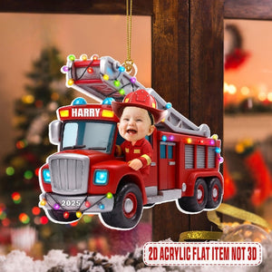 Personalized Firetruck Christmas 2025 Acrylic Ornament, Custom Kid Photo And Name Christmas Tree Hanging Ornament,Gift For Firefighter Child