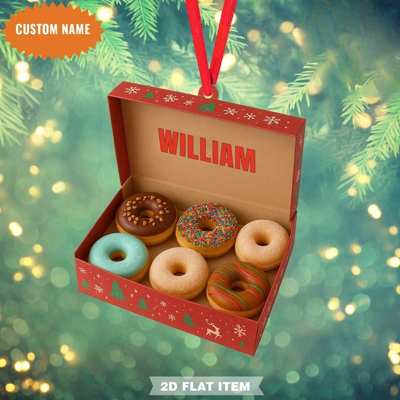 Custom Name Donut Box Christmas Ornament, Donut Christmas Ornament, Flat 2D Ornament, Baker Gift For Her, Gift For Donut Lovers