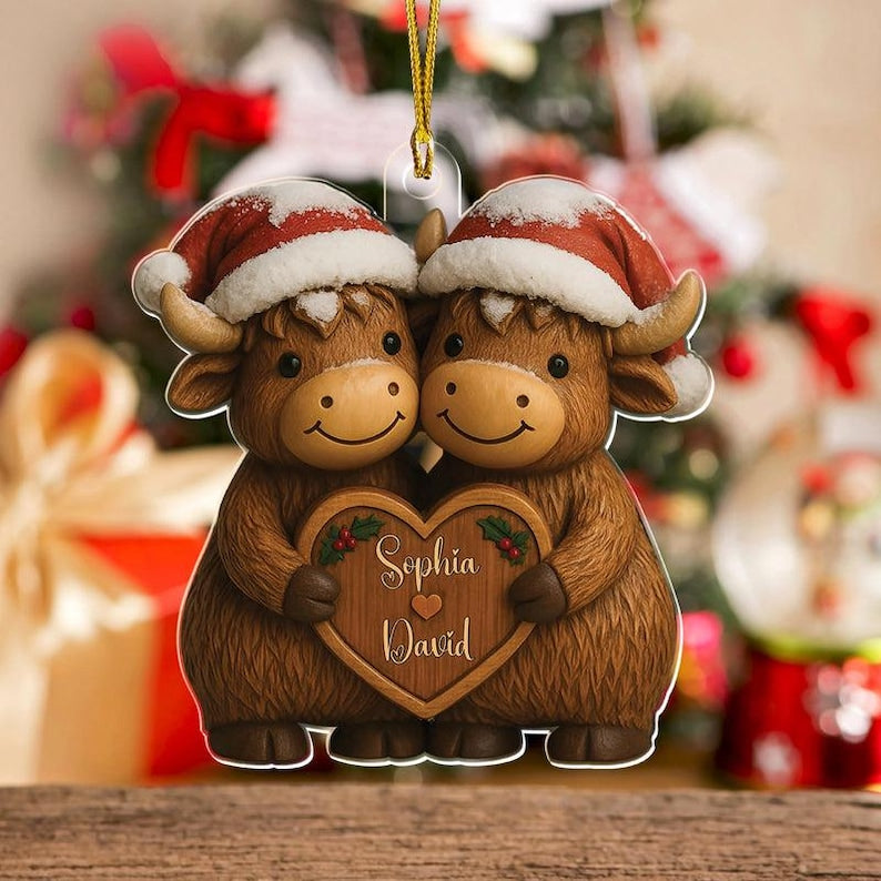 Custom Christmas Highland Cow Couple Ornament, Custom Name Highland Cow Couple Ornament, Growing Old Together Since Year, Christmas Gift
