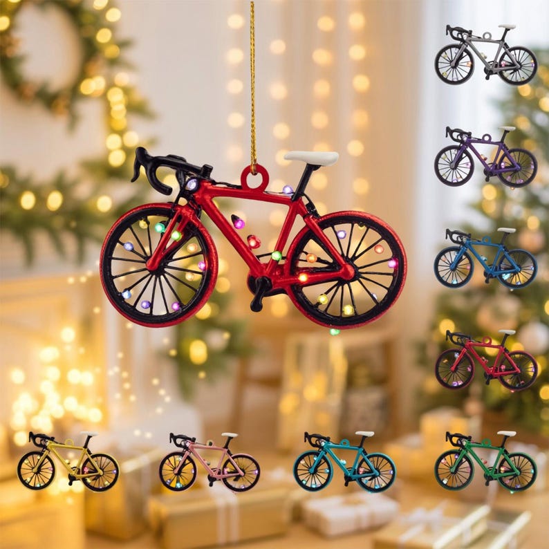 Personalized Bicycle Ornament 2025, Custom Name Bike Xmas Tree Decor, Road Cycling Ornament with Lights, Holiday Gift for Cyclists & Bikers