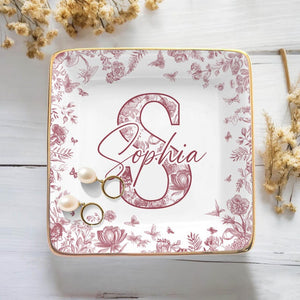 Custom Chinoiserie Initial Jewelry Dish Blue Toile Ring Tray, Bridesmaid Proposal Gift, Christmas Present for Her, Personalized Trinket