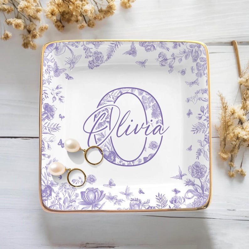 Custom Chinoiserie Initial Jewelry Dish Blue Toile Ring Tray, Bridesmaid Proposal Gift, Christmas Present for Her, Personalized Trinket