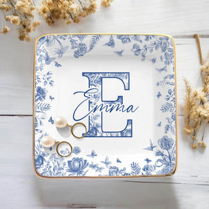 Custom Chinoiserie Initial Jewelry Dish Blue Toile Ring Tray, Bridesmaid Proposal Gift, Christmas Present for Her, Personalized Trinket