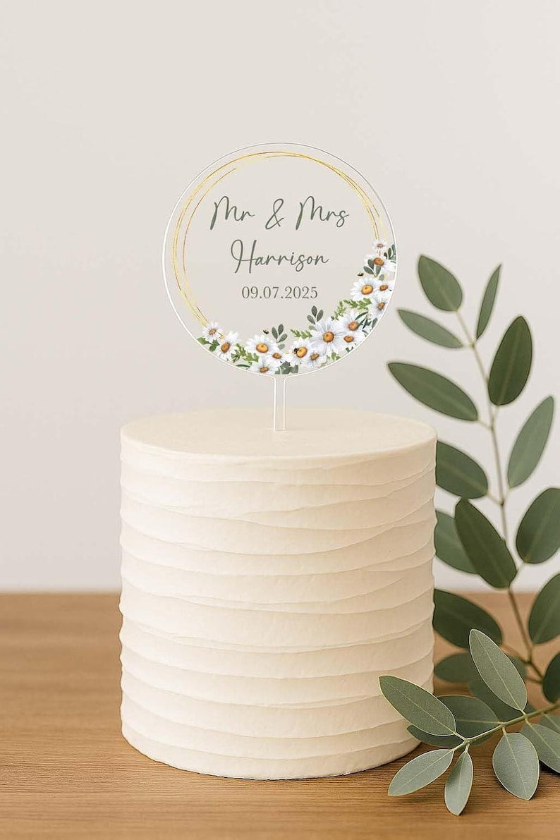 Elegant Floral Flowers Frame Wedding Day Bride Groom Reception Anniversary Engagement Cake Topper Top Personalized | Celebrate & Party!