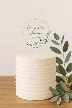 Elegant Floral Flowers Frame Wedding Day Bride Groom Reception Anniversary Engagement Cake Topper Top Personalized | Celebrate & Party!