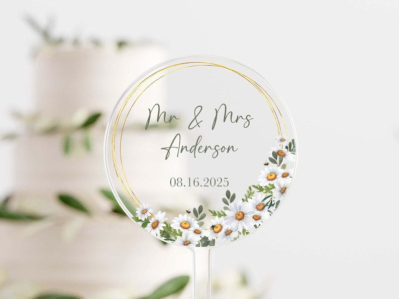 Elegant Floral Flowers Frame Wedding Day Bride Groom Reception Anniversary Engagement Cake Topper Top Personalized | Celebrate & Party!