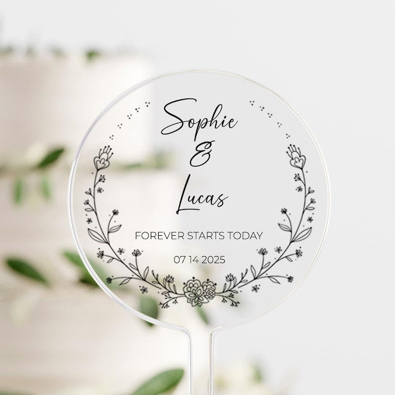 Flower Frame Wedding Bridal Shower Engagement | Forever Starts Today | Cake Topper Top Personalized Decor Table Display | Celebrate & Party!