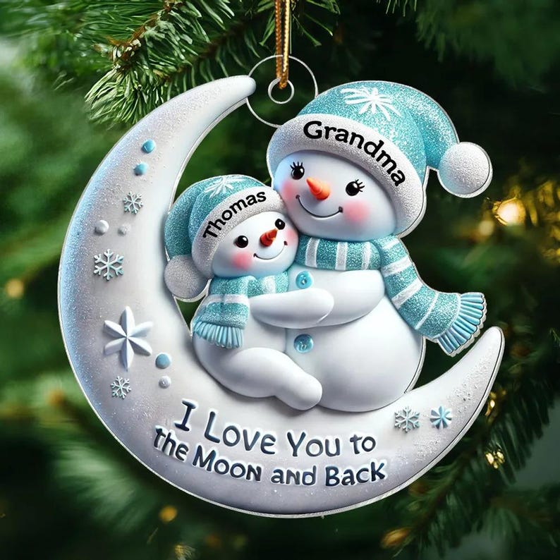 3D Effect Snowman Grandma & Hugging Grandkid On The Moon Ornament, Personalized Acrylic Ornament, Christmas Gift For Granddaughter, Grandson